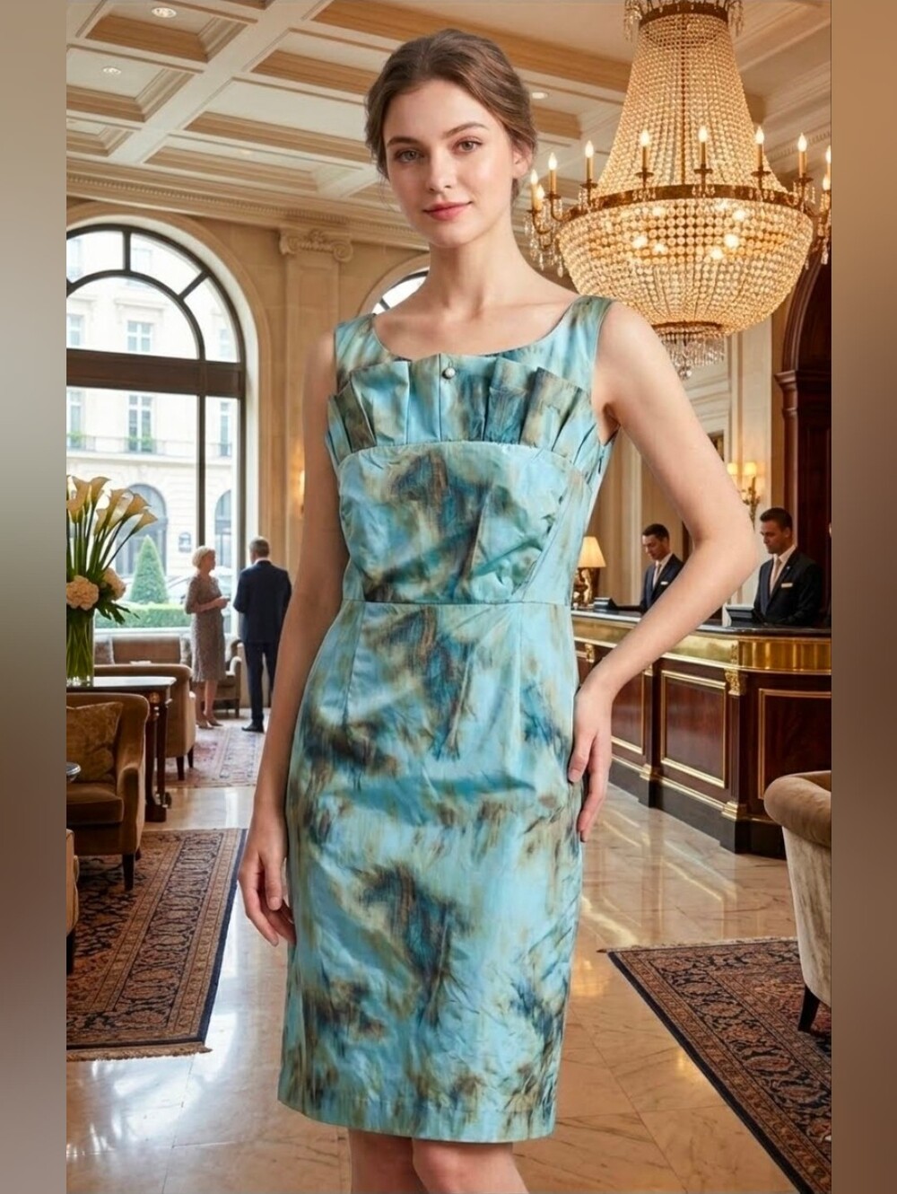 Bigio Collection Elegant Blue Brown Abstract  Sheath Cocktail Dress Shimmer - 6
